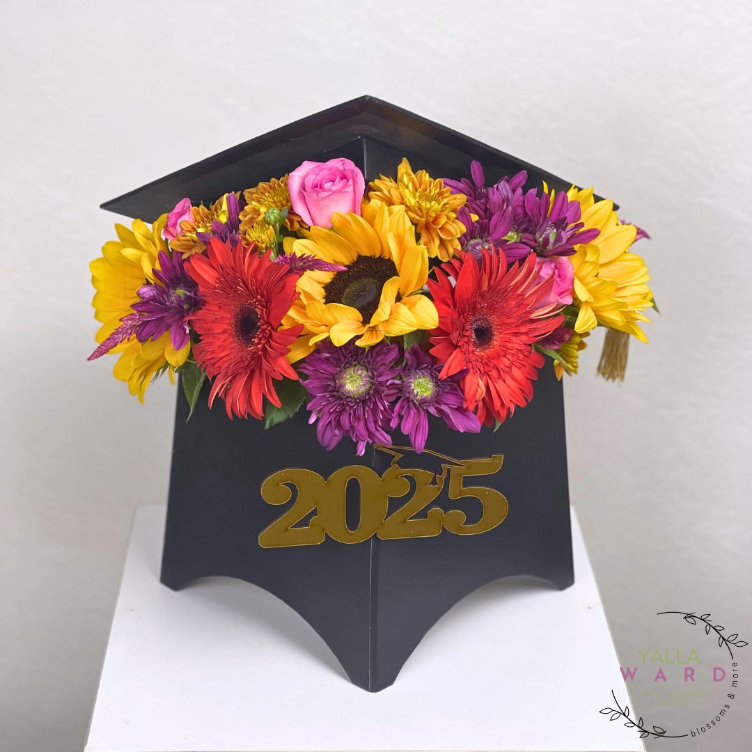 Graduation cap with colorful flowers and '2025' on a white background