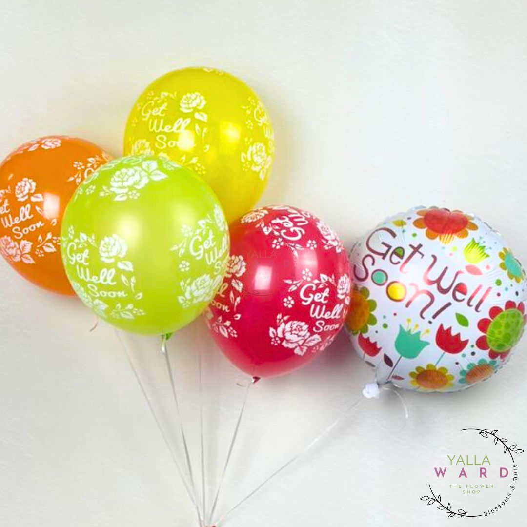 Colorful balloons with 'Get Well Soon!' text and floral designs on a white background, branded 'Yalla Ward'.