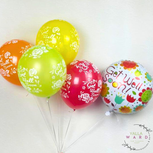 Colorful balloons with 'Get Well Soon!' text and floral designs on a white background, branded 'Yalla Ward'.