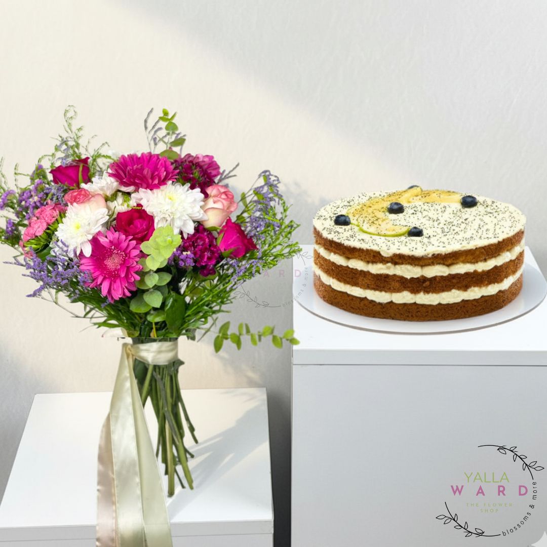 Bouquet of flowers and a layered cake on a white background with 'Yalla Ward' branding.