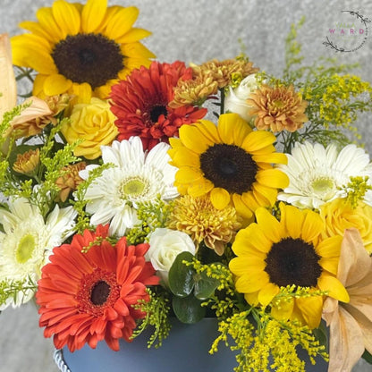 box of sunflowers, red and white flowers on a gray background