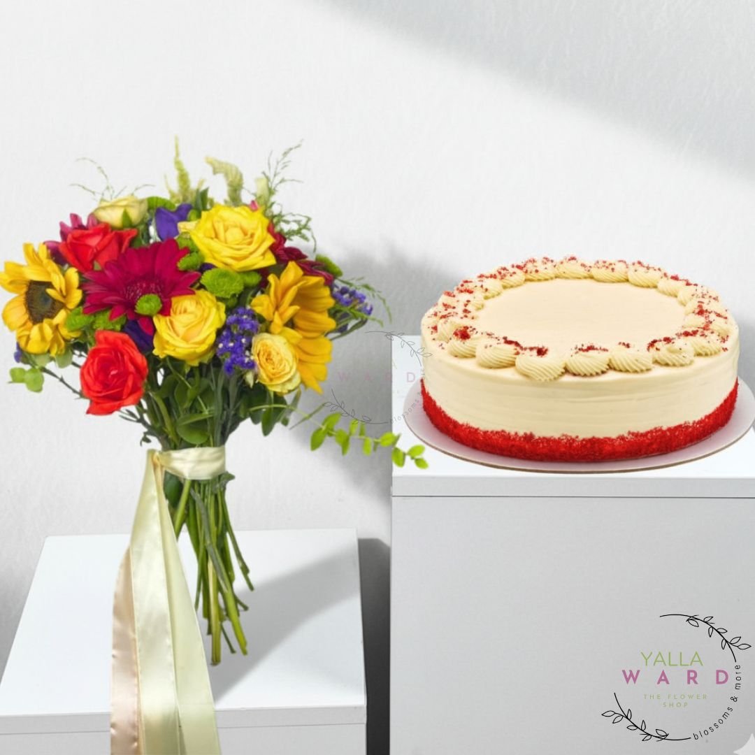 Colorful bouquet of flowers and a cake on a white background with 'Yalla Ward' branding.