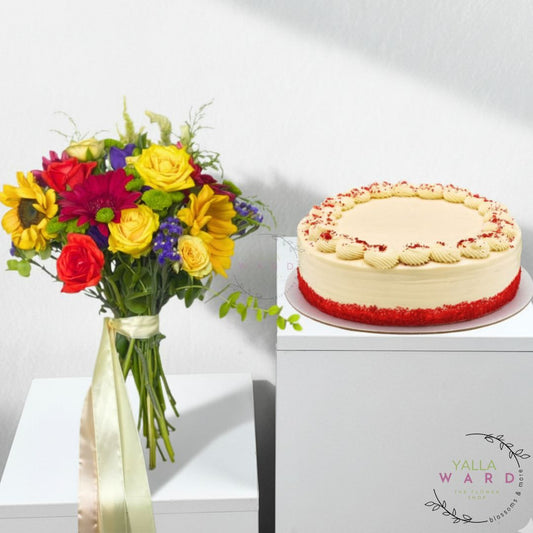 Colorful bouquet of flowers and a cake on a white background with 'Yalla Ward' branding.